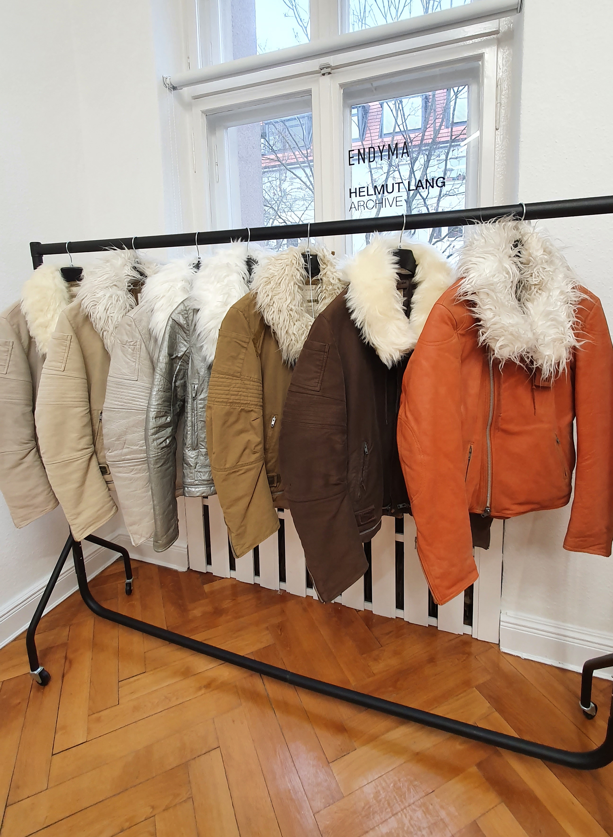 Jackets hanging at ENDYMA ARCHIVE Berlin store