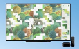Patterned, one of the best Apple TV apps where you moved colored segments of a puzzle onto the black and white puzzle, is on a TV next to an Apple TV and remote