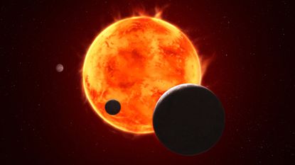 The Earth-size exoplanet TRAPPIST-1 e, depicted at the lower right, is silhouetted as it passes in front of its flaring host star in this artist&rsquo;s concept of the TRAPPIST-1 system. 