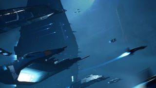 A screenshot from Homeworld 3 showing ships flying in space.