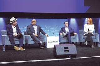 From left: Lachlan Cartwright, moderator; Marcus Mabry, SVP of content strategy, MS NOW; and Ari Melber and Jen Psaki, MS 