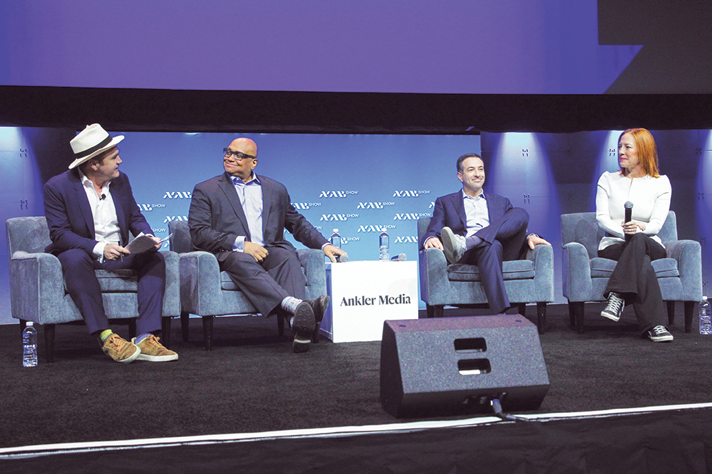 From left: Lachlan Cartwright, moderator; Marcus Mabry, SVP of content strategy, MS NOW; and Ari Melber and Jen Psaki, MS 