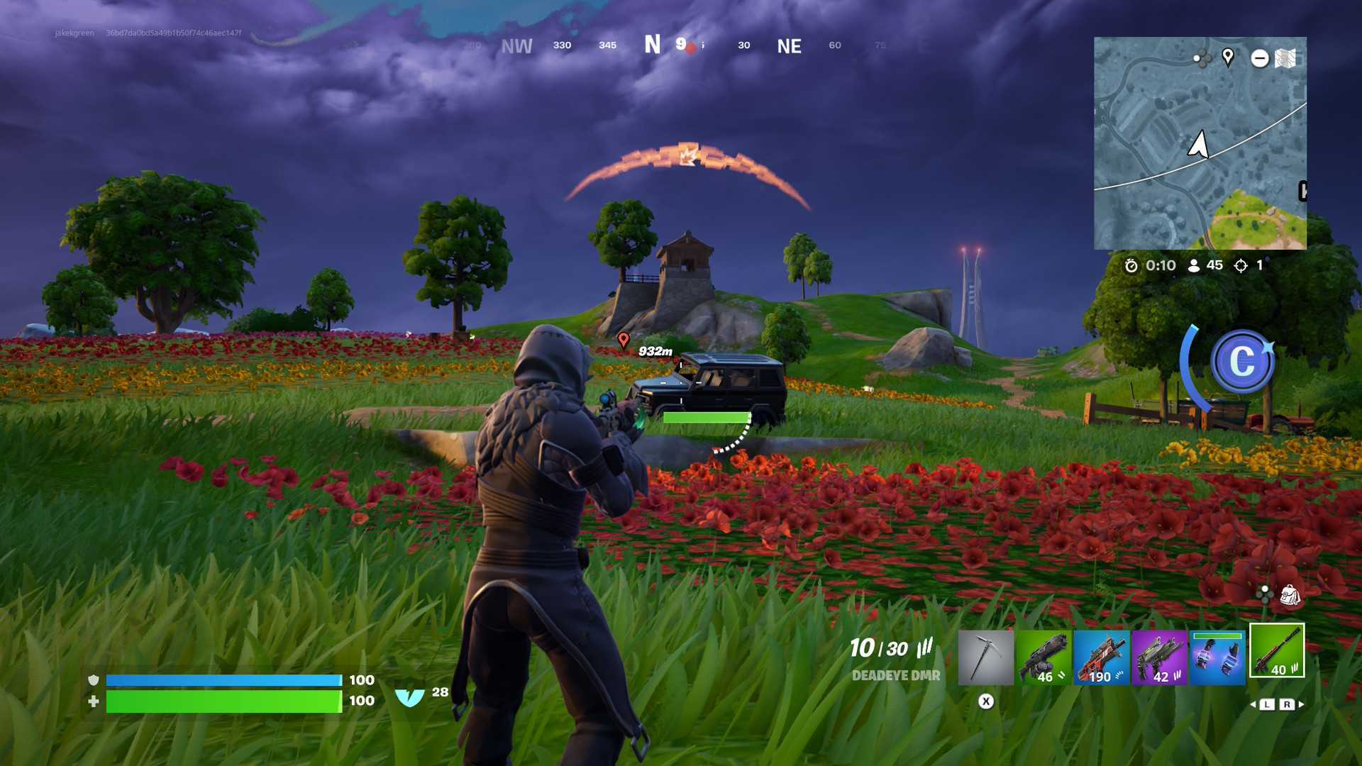 Gameplay of Fortnite on the Switch 2, showing a player shooting at a jeep beneath storm clouds