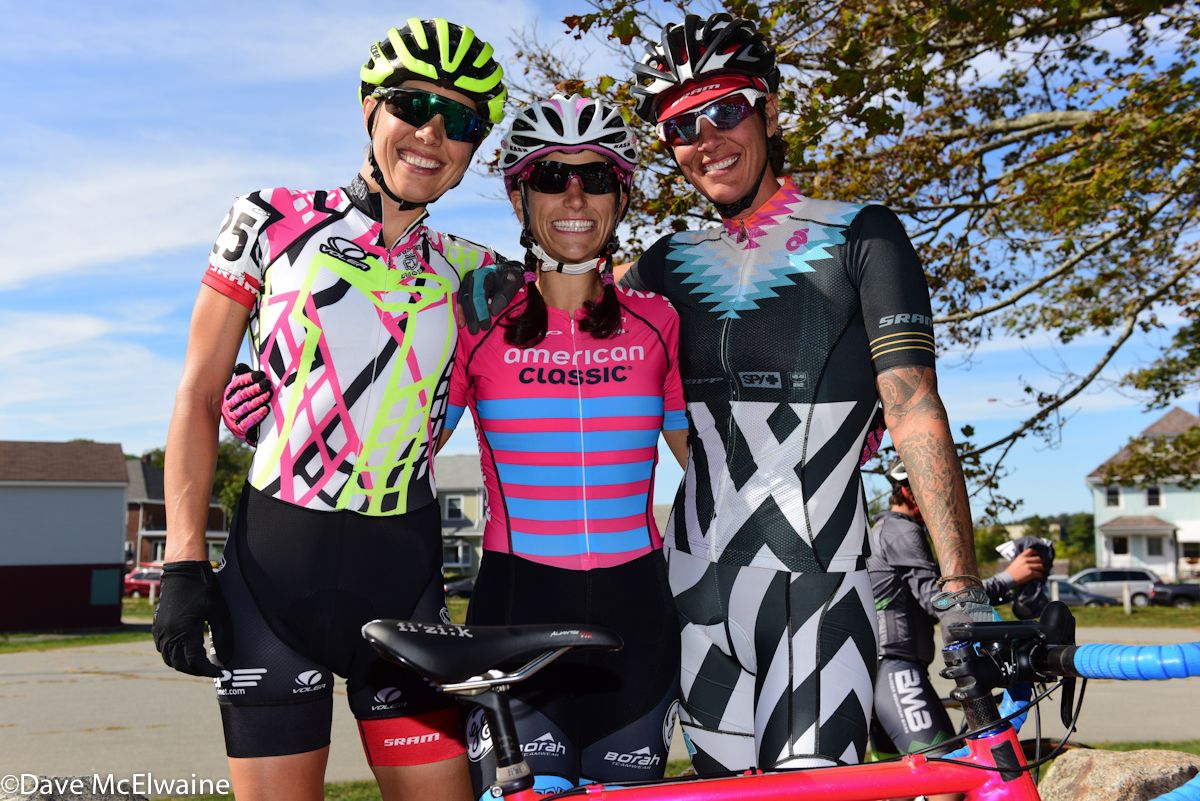 Colorful racing friends Emily Kachorek (Squid Bikes), Courtenay McFadden (American Classic) and Nicole Duke at the start of the race