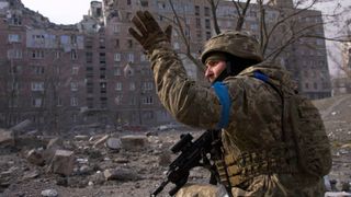 A Ukrainian serviceman guards his position in Mariupol, Ukraine, March 12, 2022. The image is part of the documentary "20 Days in Mariupol."