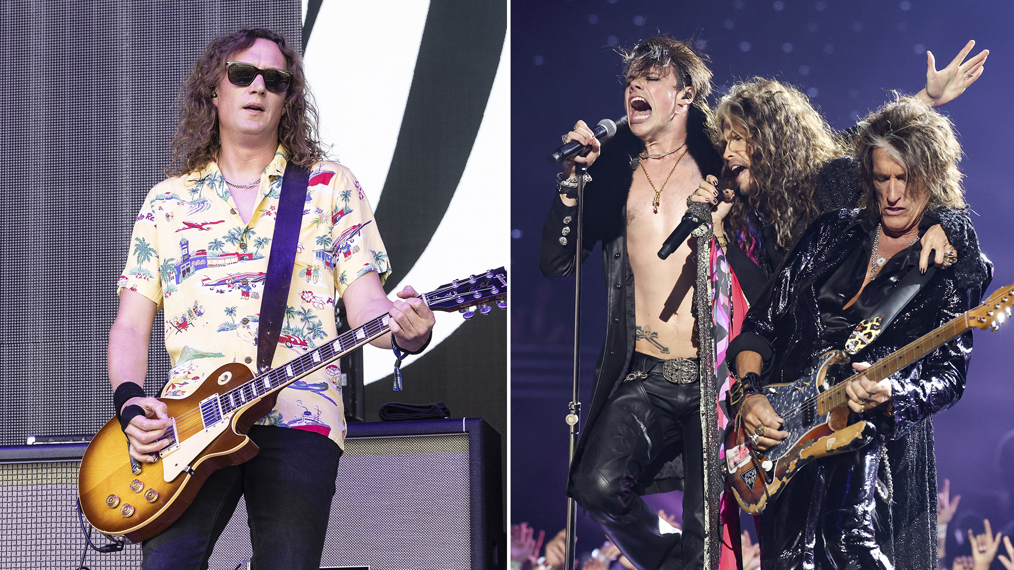 Dan Hawkins of The Darkness performs in concert for the first date of the North American "Dreams on Toast" tour during Rocklahoma at Rockin' Red Dirt Ranch on August 29, 2025 in Pryor, Oklahoma AND YUNGBLUD, Steven Tyler, Joe Perry at the MTV Video Music Awards 2025 held at UBS Arena on September 07, 2025 in New York, New Yor