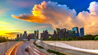 A storm rolls in over the Marina Coastal Expressway in Singapore