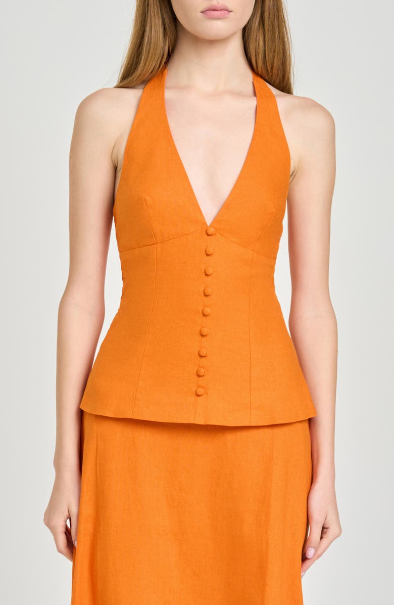 X Hannah Lovey Porter Capri Halter Neck Linen Blend Top
