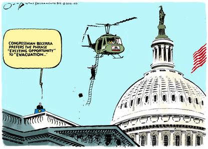 Political cartoon U.S. California Xavier Becerra evacuation