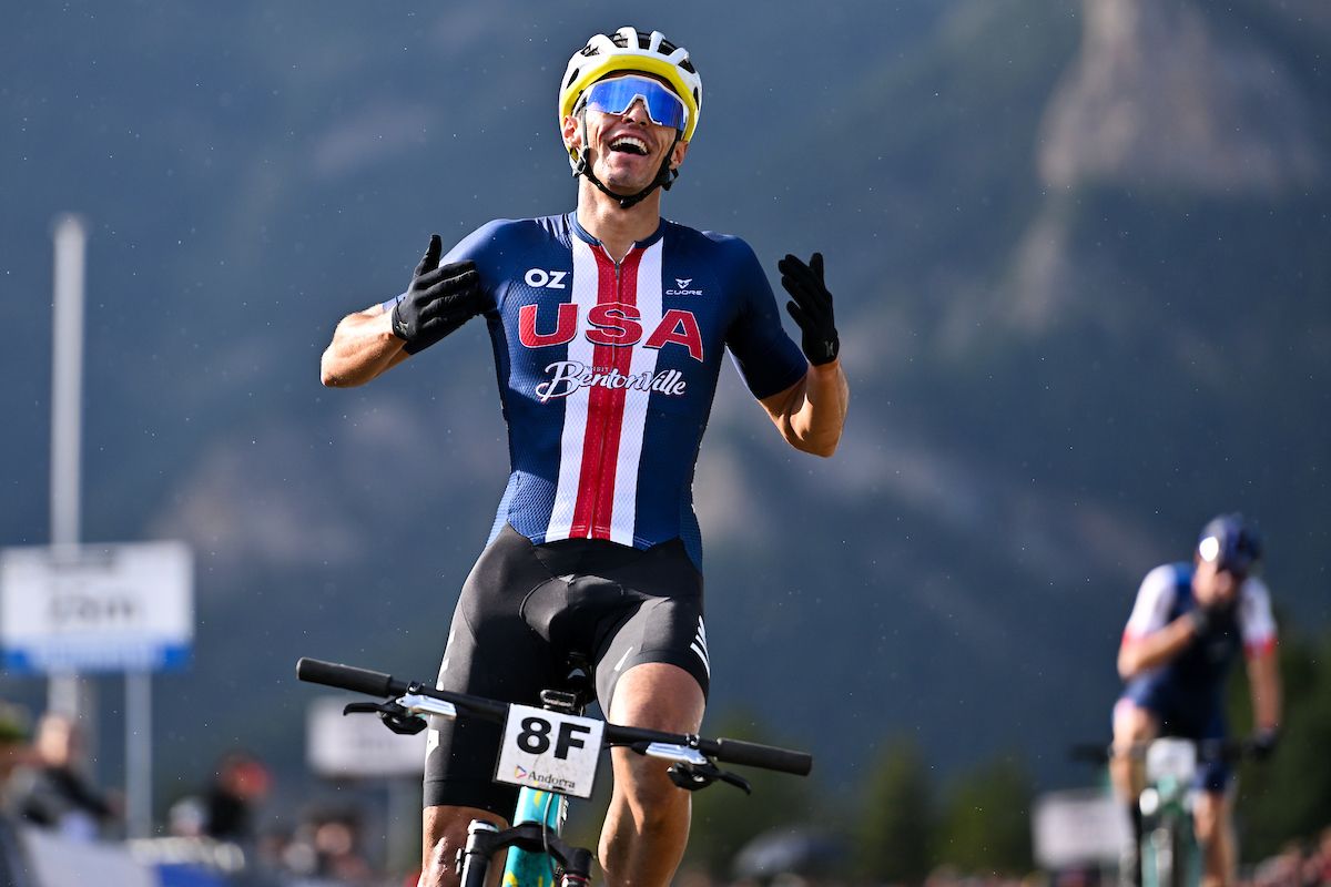 Picture by Will Palmer/SWpix.com - 28/08/2024 - Cycling - 2024 UCI Mountain Bike World Championships - Pal Arinsal, Arinsal, Andorra - Mixed Team Relay - Christopher Blevins (USA) celebrates winning the Mixed Team Relay
