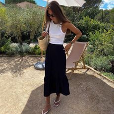 female fashion influencer standing in a stylish garden wearing a white tank top, basket tote bag, black midi skirt, and white flip-flop sandals