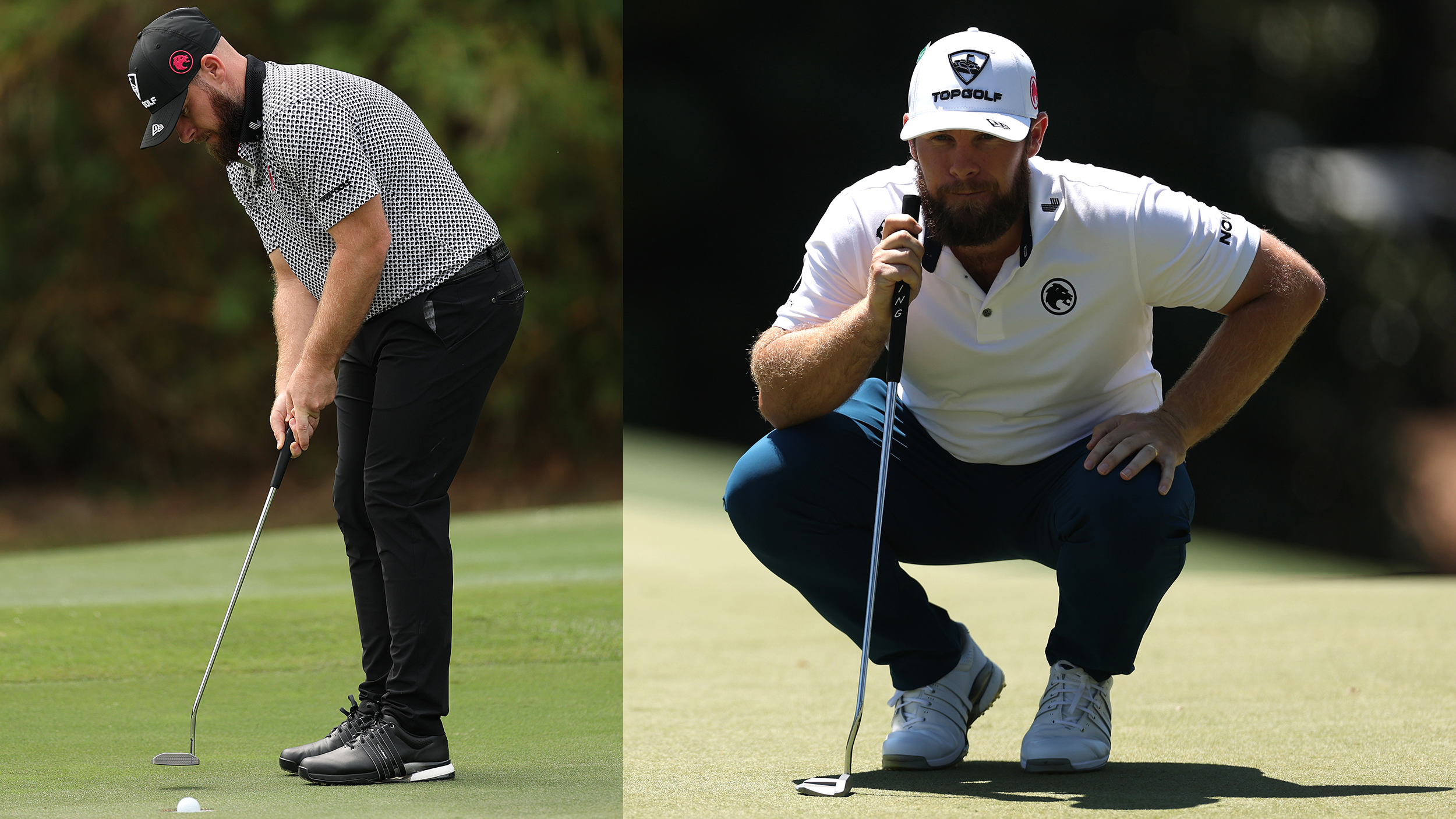 Side by side views of Tyrrell Hatton hitting a putt and crouching down on the green reading a line