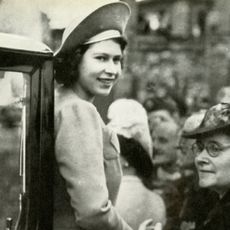 A black and white photo of Queen Elizabeth at 19 years old on May 9, 1945