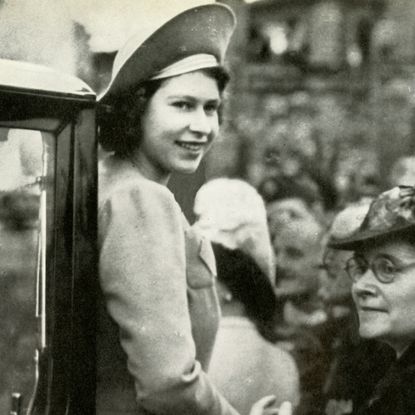 A black and white photo of Queen Elizabeth at 19 years old on May 9, 1945