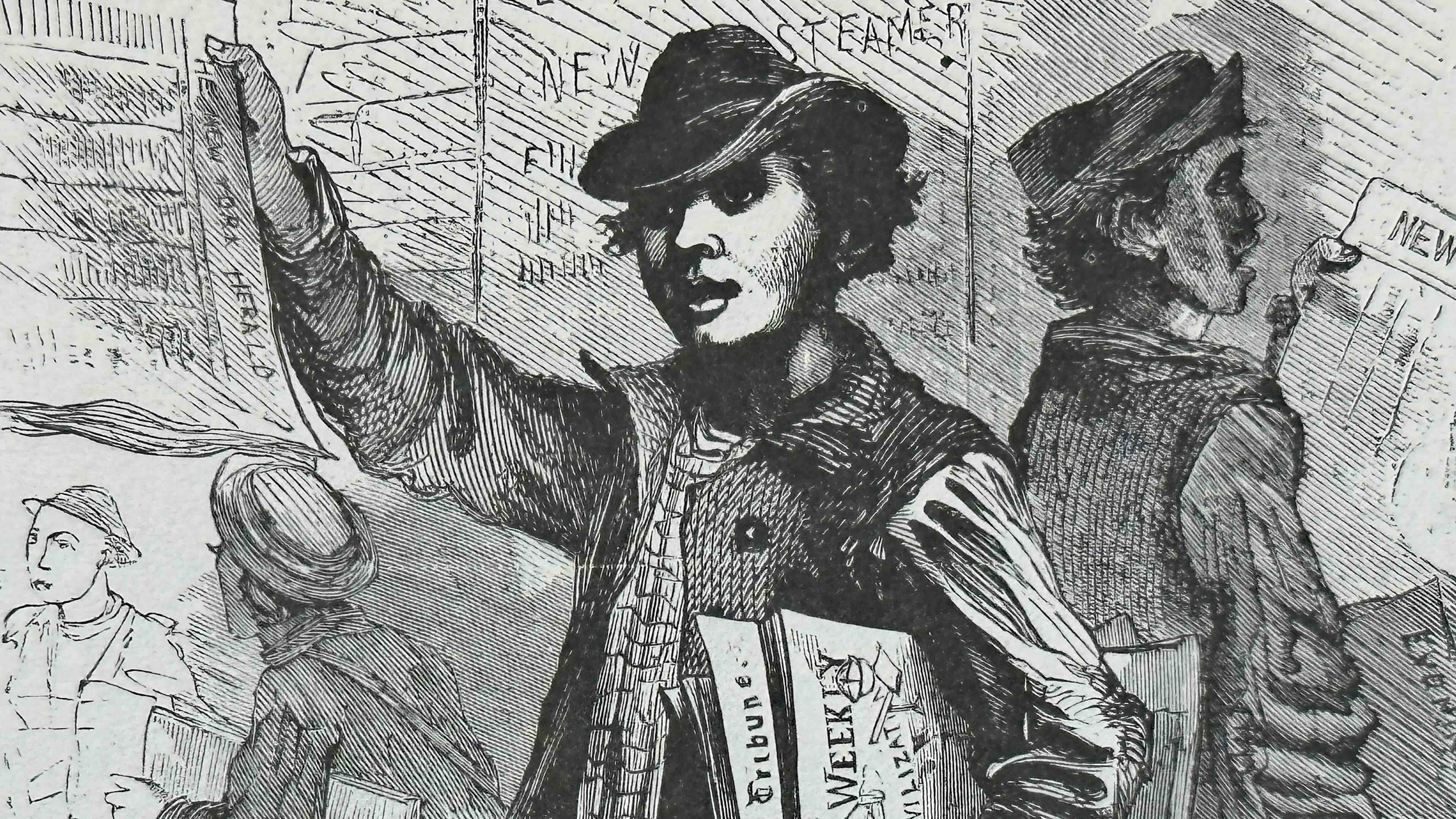 New York City, newsboys yell to sell their newspapers - stock illustration