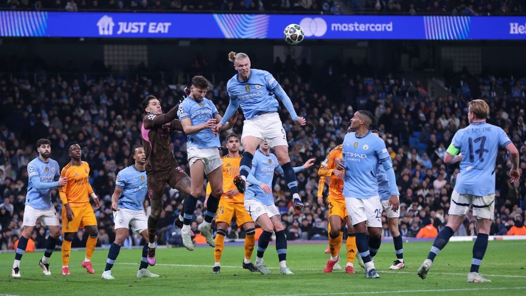 Erling Haaland of Manchester City wins a header during the UEFA Champions League 2024/25 League Knockout Play-off first leg match between Manchester City and Real Madrid C.F. at Etihad Stadium on February 11, 2025 in Manchester, England. 