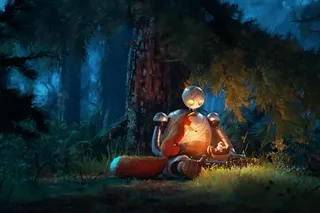 A still of a robot and a fox looking at a small bird sitting in the robot's hand, as they all sit outdoors in the woods, from the movie 'The Wild Robot.'