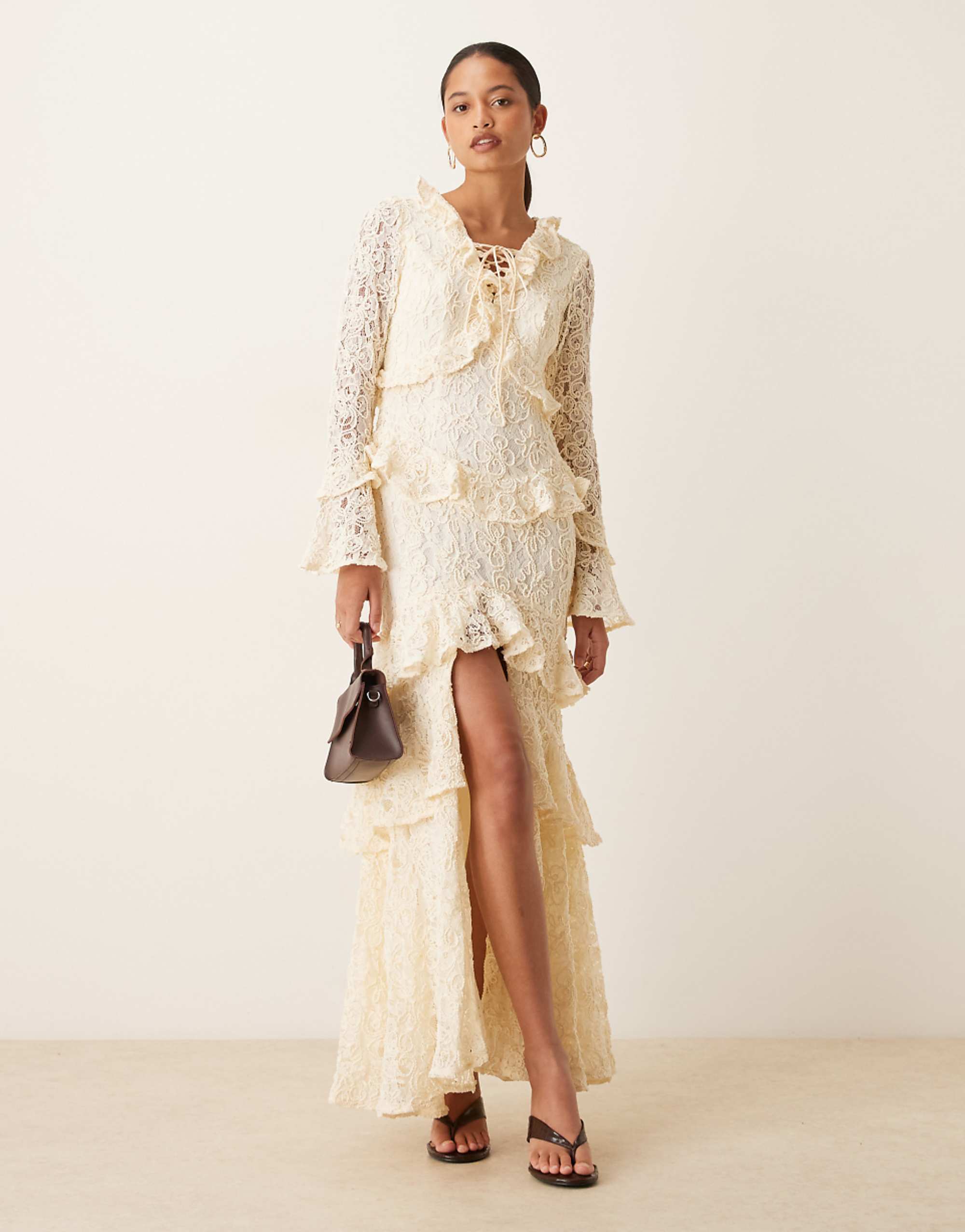 True Decadence Ruffle Lace Up Maxi Dress in Cream