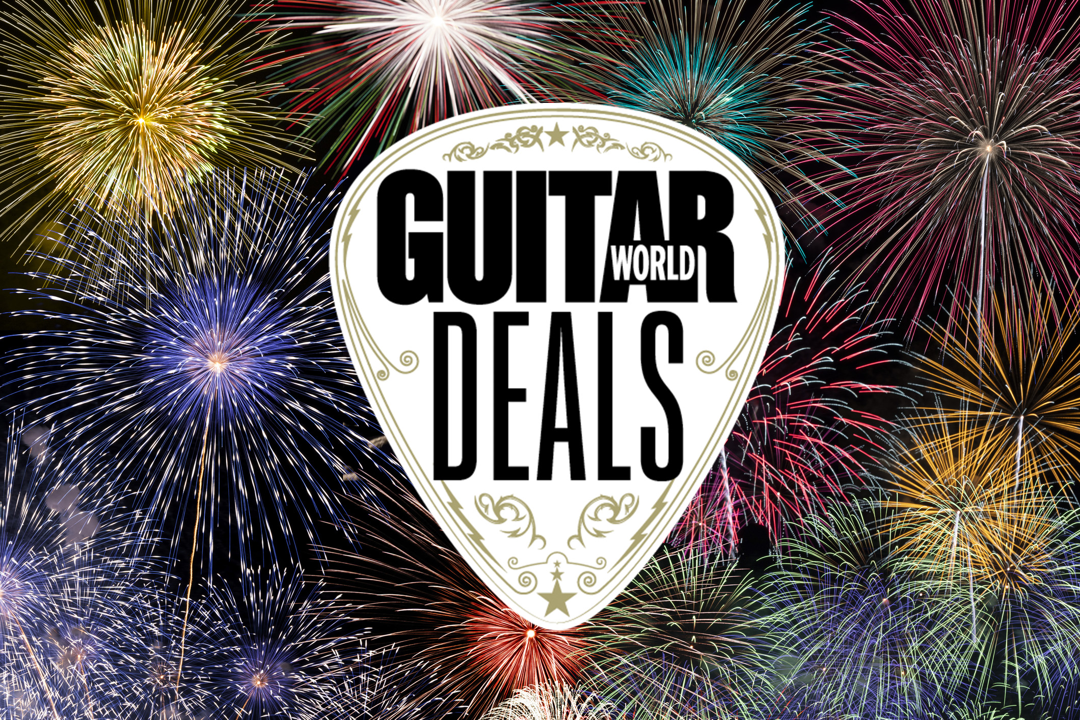 Guitar World deals badge on top of an image of colorful fireworks