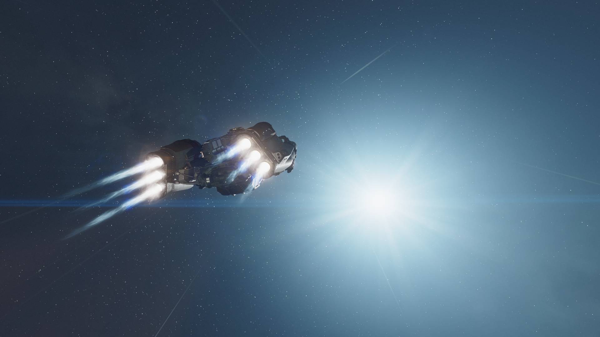 Starfield frontier starship flying through space