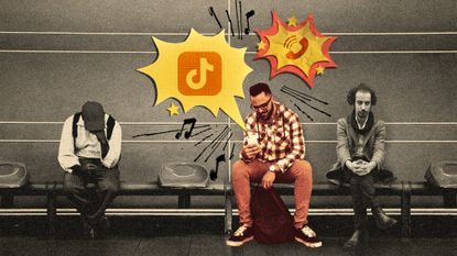 Photo collage of three men on public transport, one using his phone loudly and two others looking annoyed.