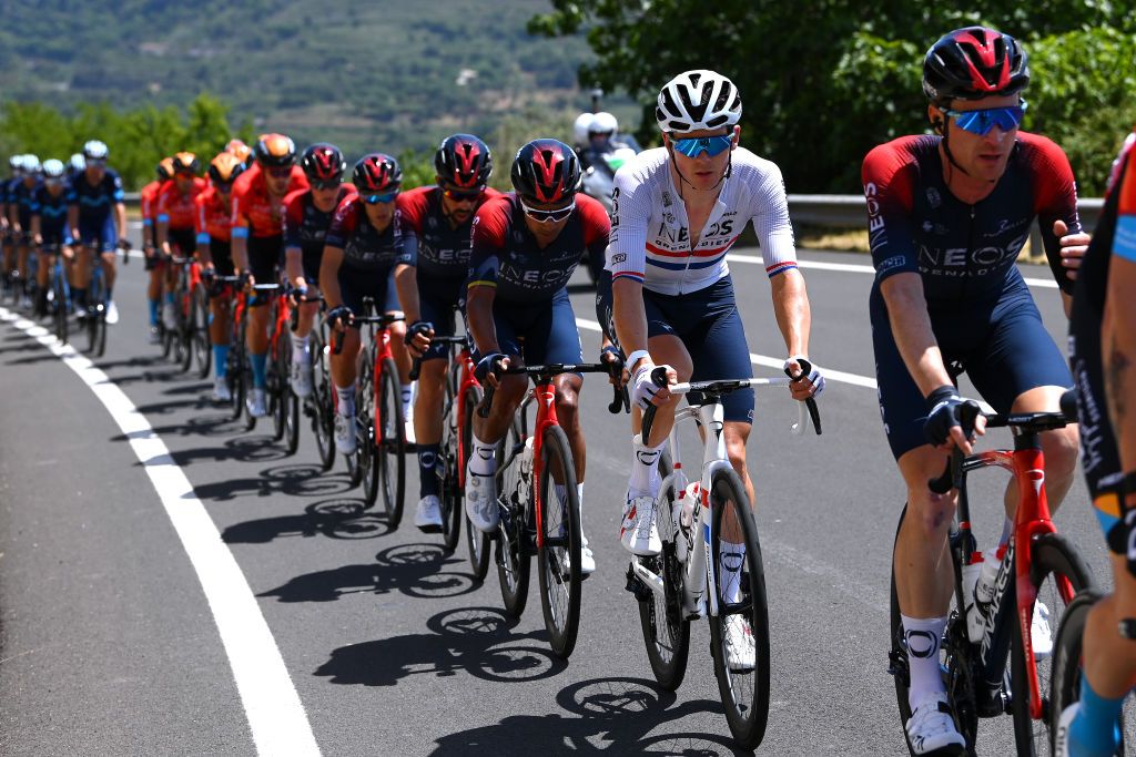 ETNA PIAZZALE RIFUGIO SAPIENZA ITALY MAY 10 Ben Swift of United Kingdom and Team INEOS Grenadiers with teammates competes during the 105th Giro dItalia 2022 Stage 4 a 172km stage from Avola to Etna Piazzale Rifugio Sapienza 1899m Giro WorldTour on May 10 2022 in Etna Piazzale Rifugio Sapienza Italy Photo by Tim de WaeleGetty Images