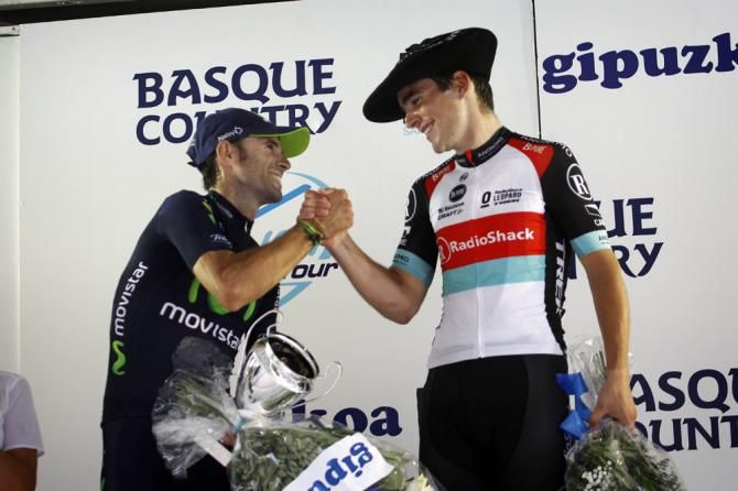 Clasica San Sebastian runner-up Alejandro Valverde (Movistar) congratulates race winner Tony Gallopin (RadioShack Leopard)