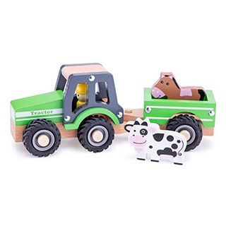 New Classic Toys 11941 Wooden Tractor With Trailer and Animals for Children 18 Months and Up Boys and Girls Baby Gifts, Green