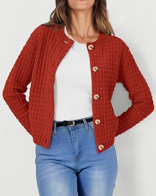 Prettygarden Women's Knit Cardigan Sweaters Casual Long Sleeve Open Front Button Down Trendy Jackets Outerwear (orange Red,small)