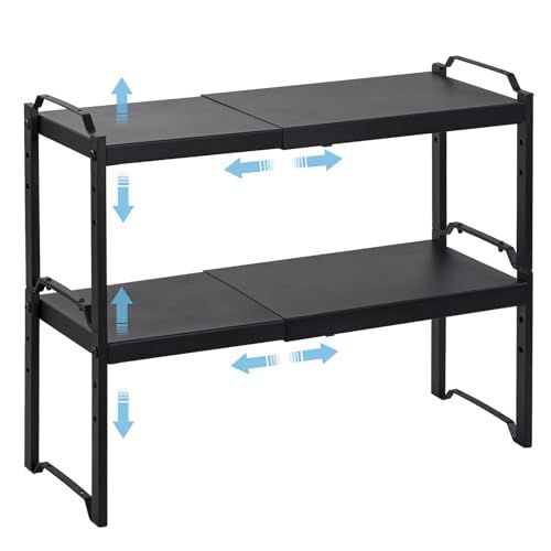 2 Pack Expandable Cabinet Countertop Shelves, Stackable Shelves Organizers for Kitchen Cabinet Countertop Storage, Adjustable Counter Cupboard Pantry Organizer Shelf Rack Stand, Length:20.5"