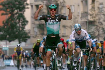ROQUETAS DE MAR SPAIN FEBRUARY 16 Arrival Pascal Ackermann of Germany and Team Bora Hansgrohe Celebration Elia Viviani of Italy and Team Cofidis Solutions Credits during the 33rd Clsica de Almera 2020 a 1876km stage from Roquetas de Mar to Roquetas de Mar ClasicaAlmeria on February 16 2020 in Roquetas de Mar Spain Photo by Gonzalo Arroyo MorenoGetty Images