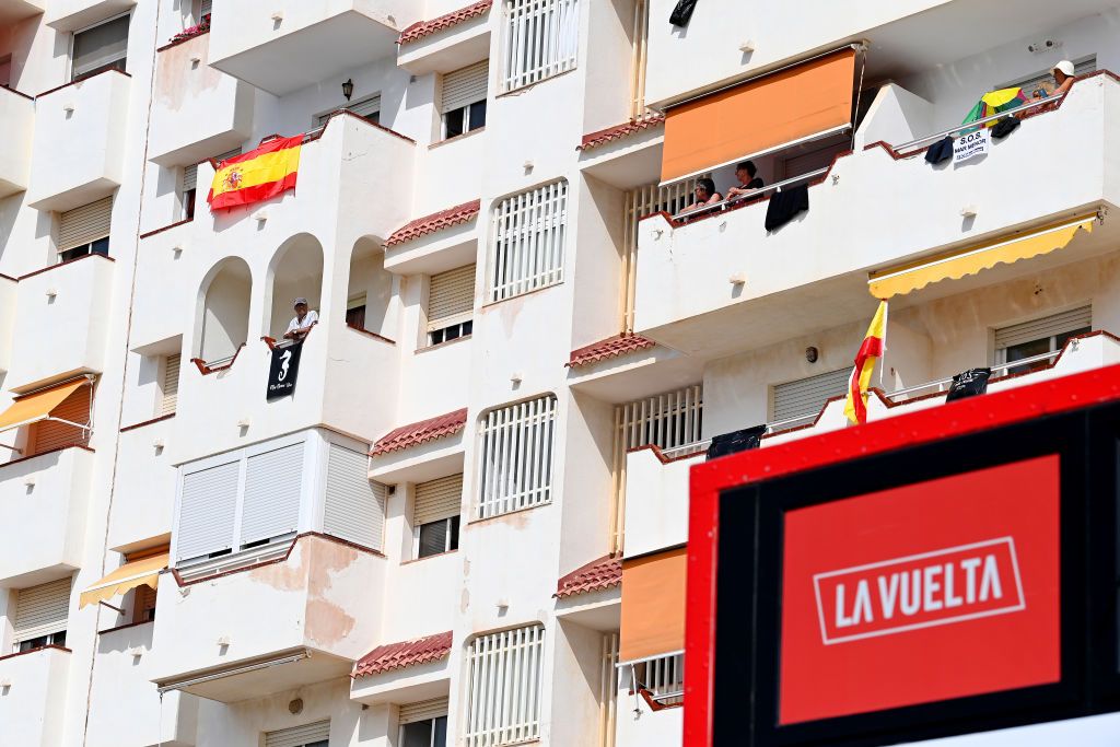 LA MANGA SPAIN AUGUST 21 A general view of fans on their balconies enjoying the arrival during the 76th Tour of Spain 2021 Stage 8 a 1737 km stage from Santa Pola to La Manga del Mar Menor lavuelta LaVuelta21 on August 21 2021 in La Manga Spain Photo by Stuart FranklinGetty Images