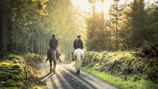Two women horseback riding on a trail at sunset