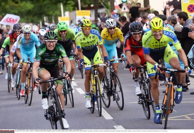 Alberto Contador keeps an eye on the front of the peloton