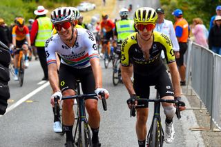 South African road race champion Daryl Impey and Mitchelton-Scott teammate Simon Yates at the finish of stage 3 of the 2020 Tour Down Under at Paracombe