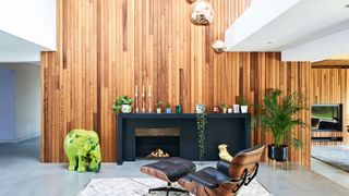 contemporary fireplace and modern internal timber cladding