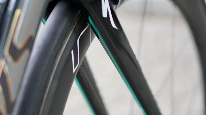 A subtle Bora stripe on the Tarmac fork&rsquo;s trailing edge