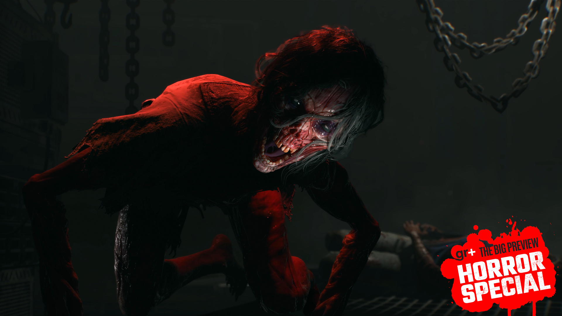 Dying Light: The Beast image showing a messed up zombie crawling towards the camera with the GR+ horror special badge