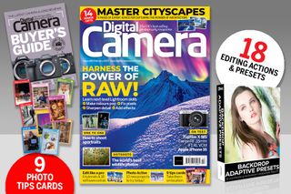 Front cover of issue 290 (February 2025) of Digital Camera magazine and images showing the highlights of the bonus gifts included with the magazine - nine photo tips cards, and 18 software extras