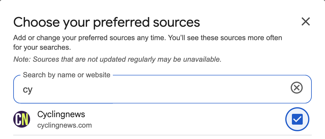 A dropdown with Cyclingnews listed