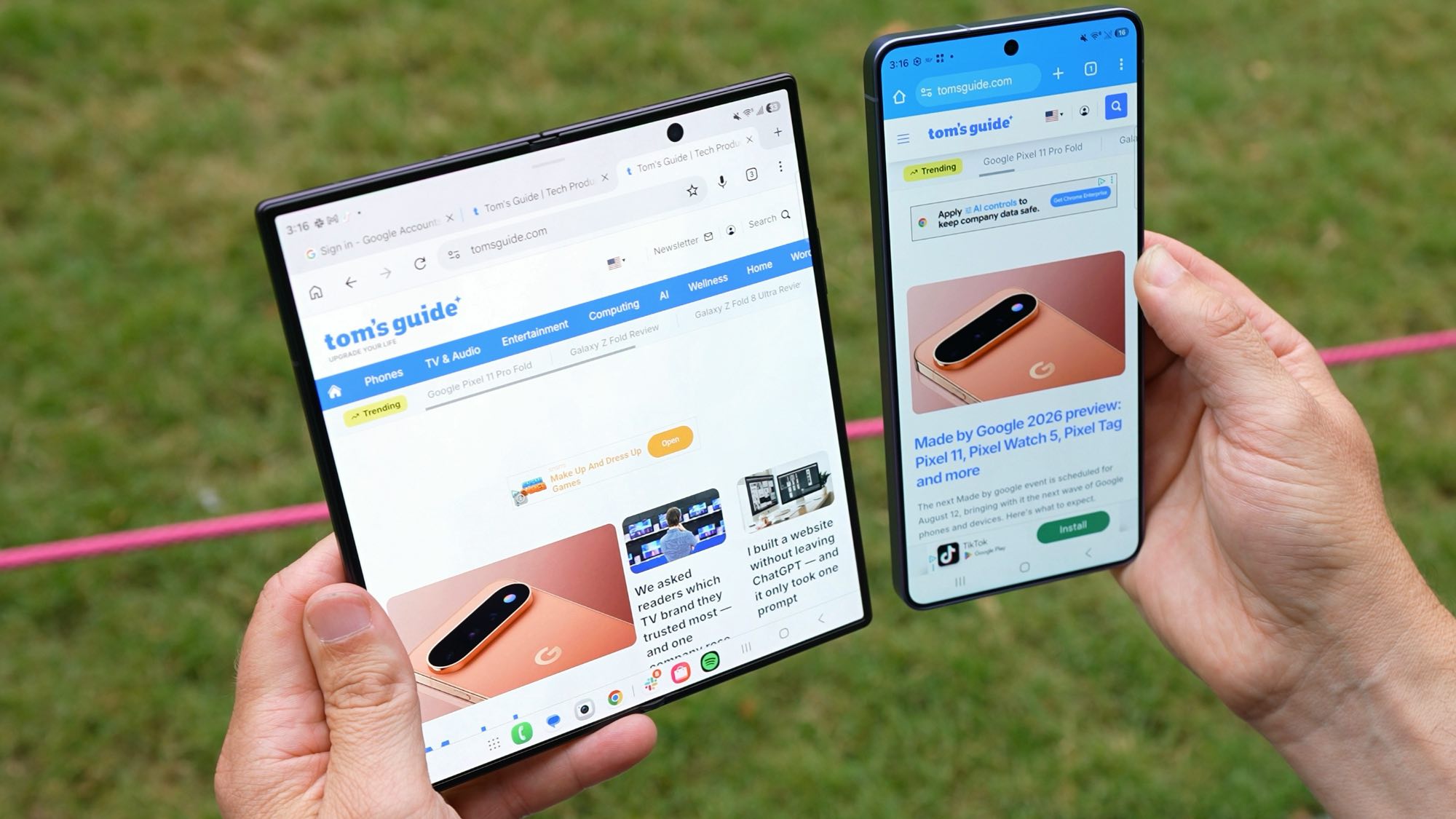 Samsung Galaxy Z Fold 8 Ultra and Galaxy S26 Ultra in hand