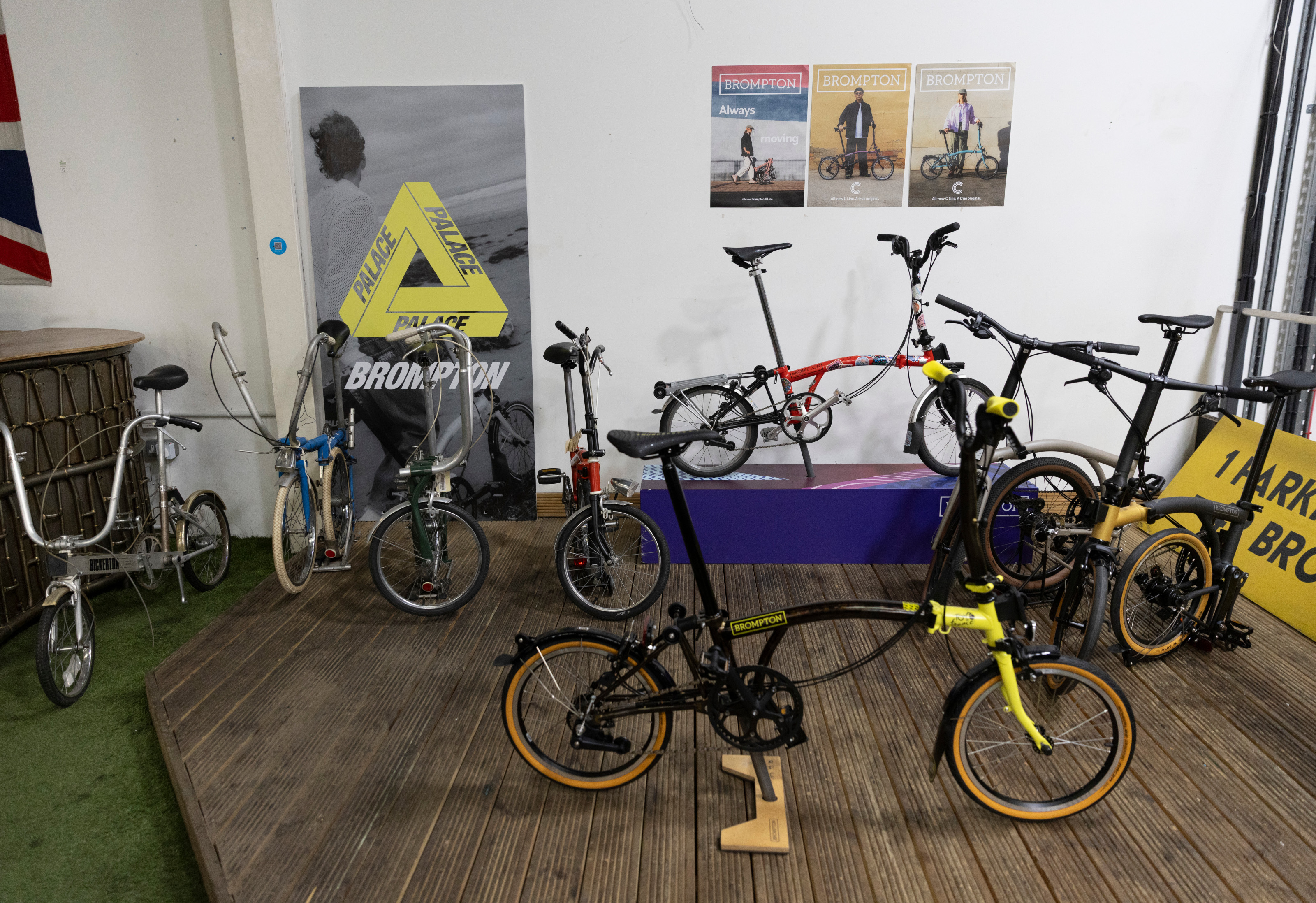 A collection of Bromptons, old and new, at the company's London factory