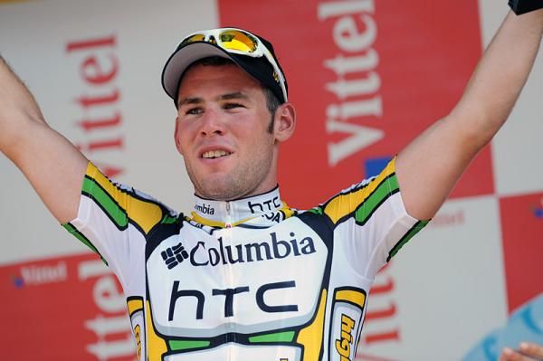 Mark Cavendish on the podium for his stage two victory.