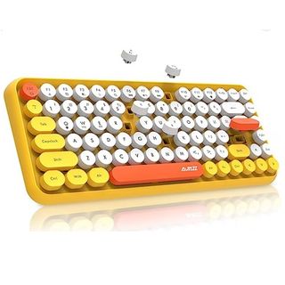 Ett gult tangentbord från Felicon visas upp mot en vit bakgrund.