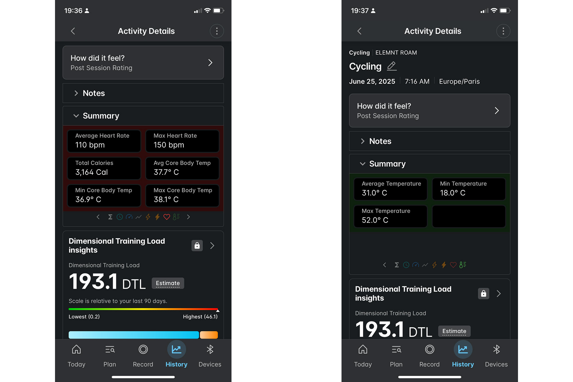 Wahoo app showing post ride stats, including temperature