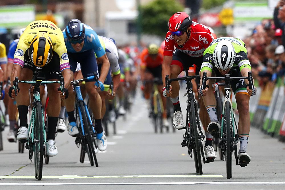 Sam Bennett (Bora-Hansgrohe) wins stage 3 at BinckBank Tour in a photo-finish sprint against Dylan Groenewegen (Jumbo-Visma)