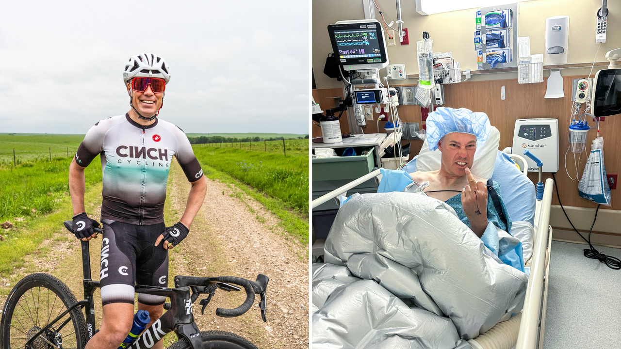 Tom Danielson riding (left) and in hospital (right)