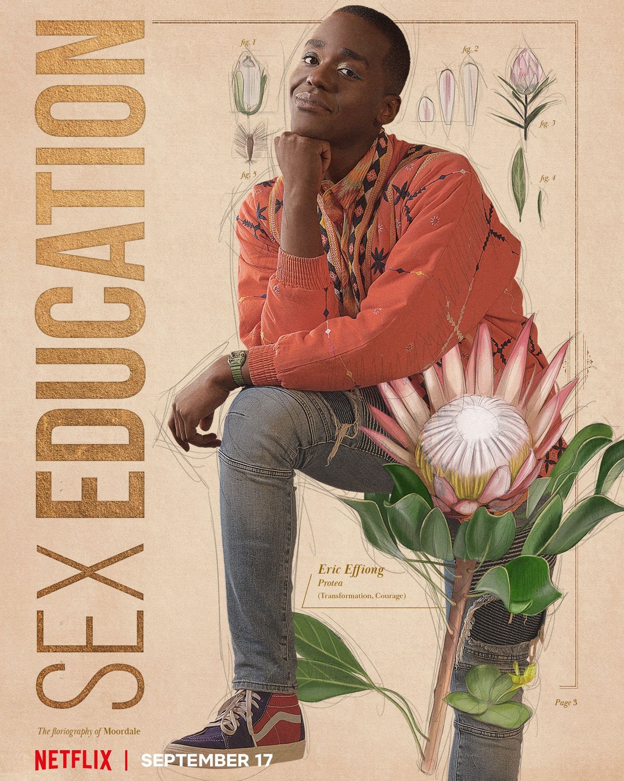 Ncuti Gatwa as Eric Effiong, partnered with an illustration of a Protea