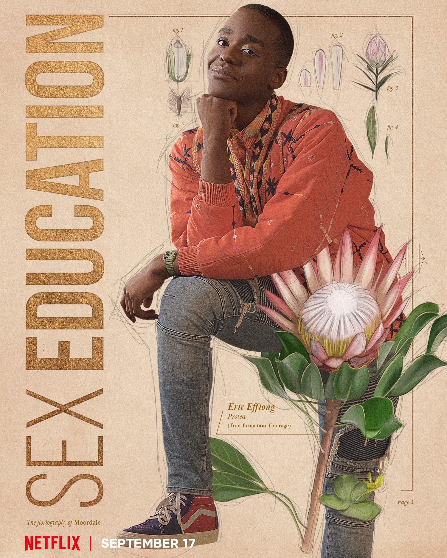 Ncuti Gatwa as Eric Effiong, partnered with an illustration of a Protea