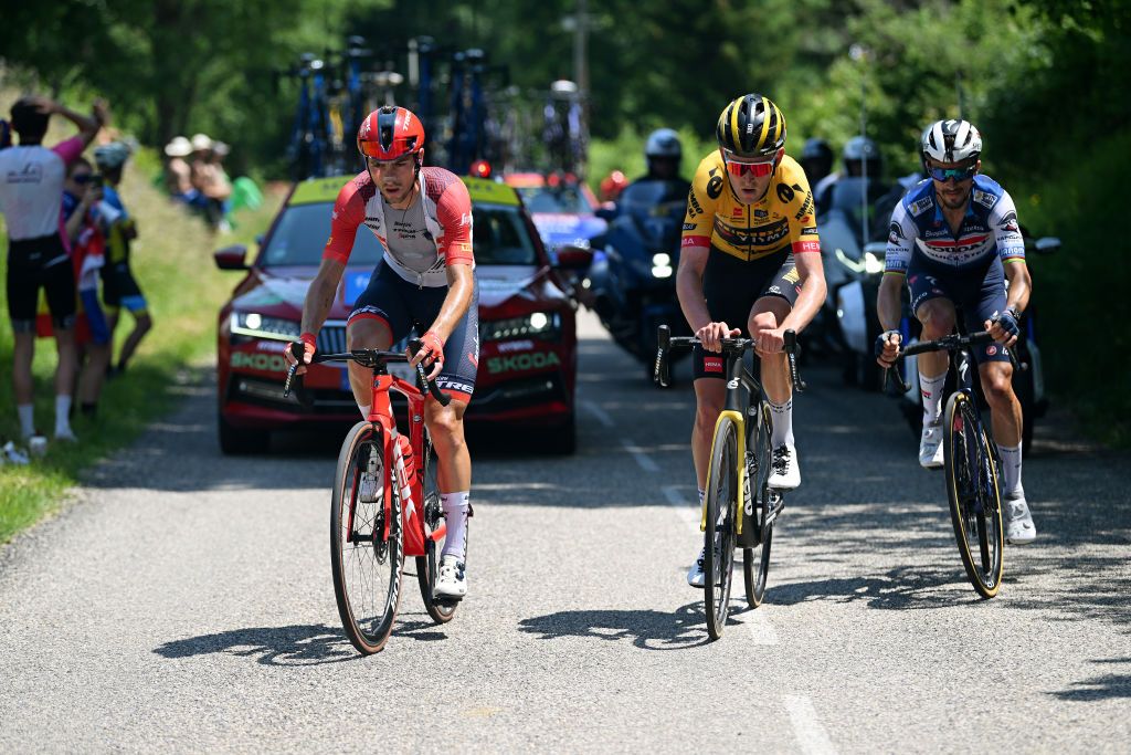 GRENOBLE ALPES MTROPOLE FRANCE JUNE 11 LR Giulio Ciccone of Italy and Team Trek Segafredo Tiesj Benoot of Belgium and Team JumboVisma and Julian Alaphilippe of France and Team Soudal Quick Step compete in the breakaway during the 75th Criterium du Dauphine 2023 Stage 8 a 1528km stage from Le PontdeClaix to La Bastille Grenoble Alpes Mtropole 498m UCIWT on June 11 2023 in Grenoble Alpes Mtropole France Photo by Dario BelingheriGetty Images